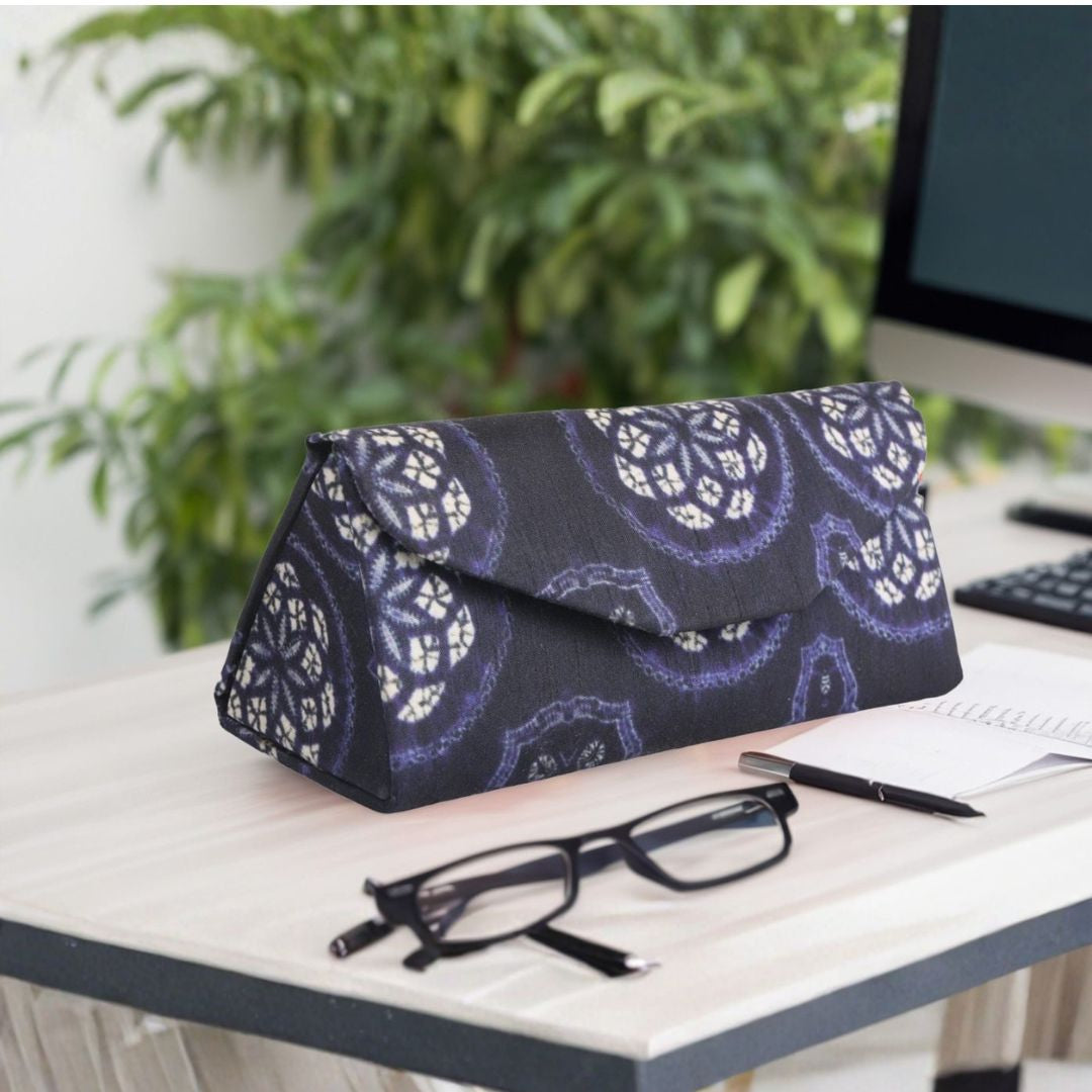 INDHA Eyewear Case | Handcrafted Eyewear Case | Navy Blue Dupion Silk Eyewear Case | White Floral Mandala Design Motif Digitally Printed | Handmade Eyewear Case | Gifting | Travel Utility | Travel Accessory | Sunglasses Case