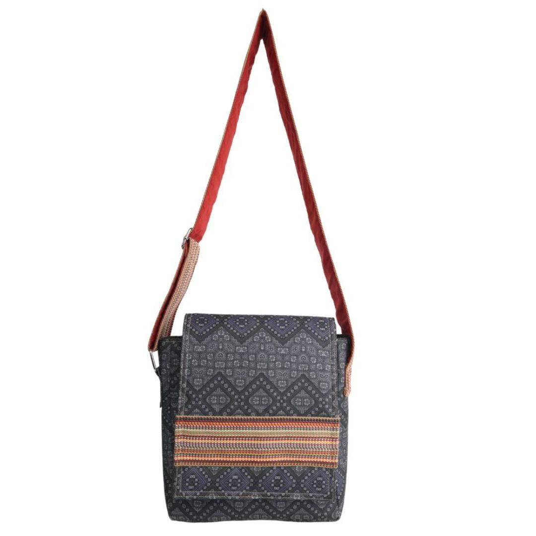Indha Sling Bag | Handcrafted Sling Bag | Grey Cotton Canvas Sling Bag| Mild Blue Ethnic Geometric Pattern Design | Multicolor Cotton Niwar Strap |
