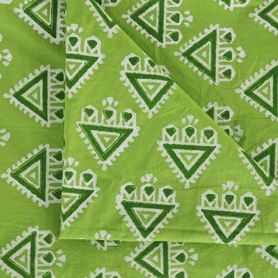 Abstract Art Hand Block-Printed Green Cotton Fabric