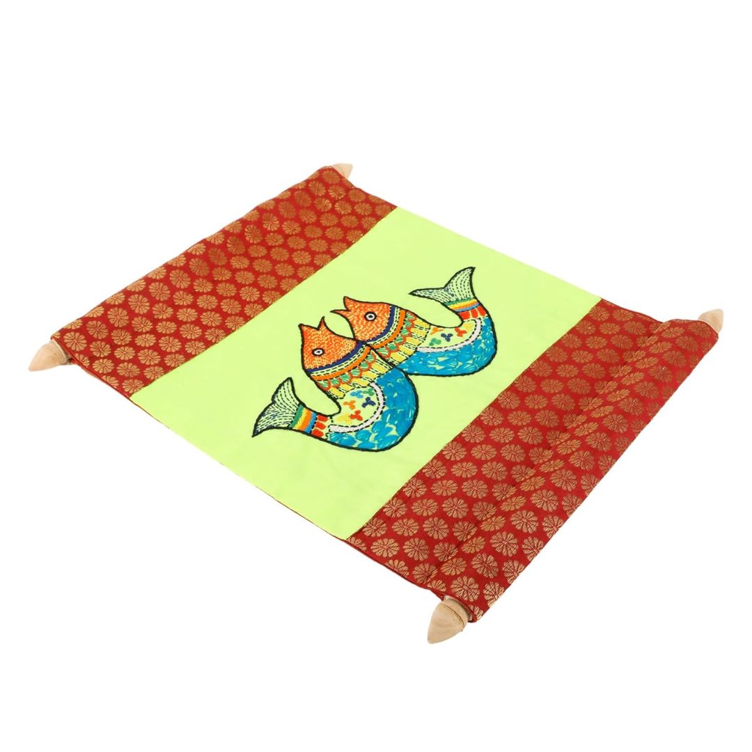 Indha Hand-Embroidered Wall Scroll | Lime-Green Dupion Silk with Red Brocade | Handmade Wall Hanging with Wooden Finials | Gift-Ready Ethical Home Décor