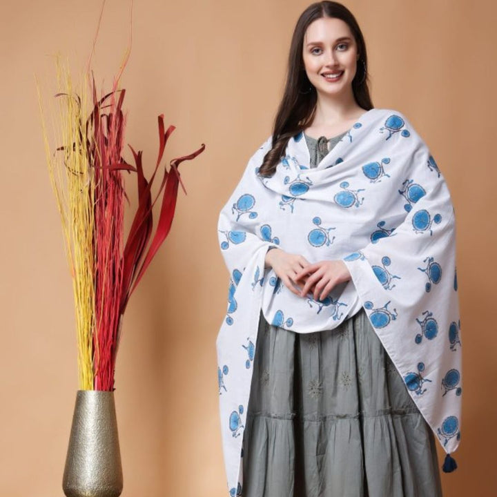 INDHA Stole | White Cotton Stole | Hand Block Printed Blue Cycle Design Motif | Hand Block Printed Stole | Stoles For Women | Traditional Stoles | Gifting | Fashion Wear | Indo Western Stole | Fashion Accessory