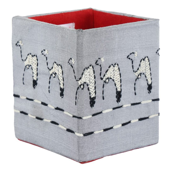 INDHA Camel Design Motif Hand Embroidered Kantha Work Grey Pen Stand | Dupion Silk Pen Stand | Desk Organizer | Desk Utility | Corporate Gifting | Pen Holder | Handcrafted Pen Stand