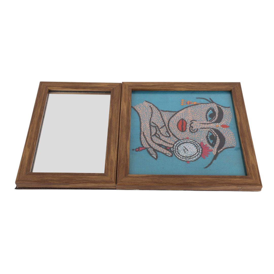 Indha Lady Face Embroidered Wall Art with Mirror | Handcrafted in Repurposed Wood | Exquisite Needlework | Sustainable Home Accent | Unique Gift for Her