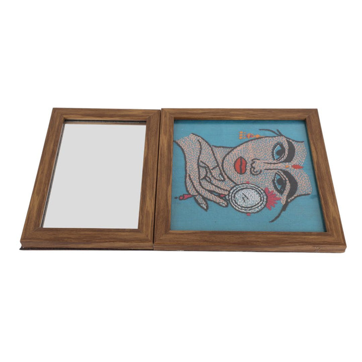 Indha Lady Face Embroidered Wall Art with Mirror | Handcrafted in Repurposed Wood | Exquisite Needlework | Sustainable Home Accent | Unique Gift for Her