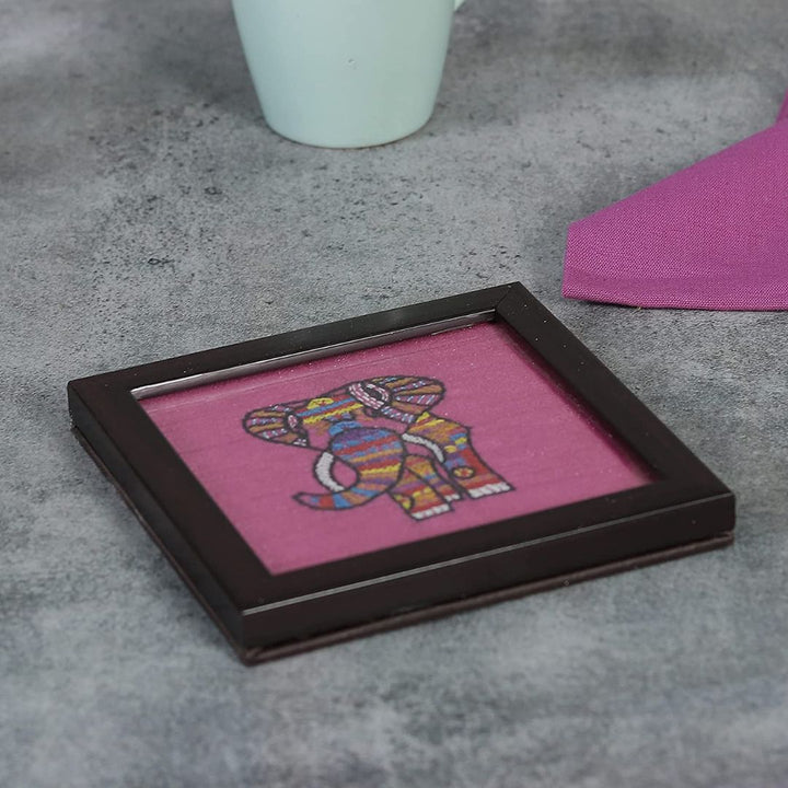INDHA Elephant Hand-Embroidered Square Wood, Glass Coaster