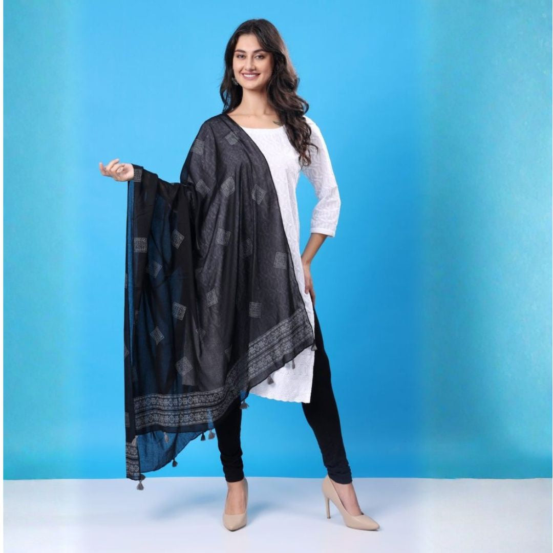INDHA Stole | Black Cotton Stole | Hand Block Printed White Geometric Design Pattern | Hand Block Printed Stole | Stoles For Women | Ethnic Stoles | Gifting | Fashion Wear | Indo Western Stole | Fashion Accessory | Light Weight Voil Fabric