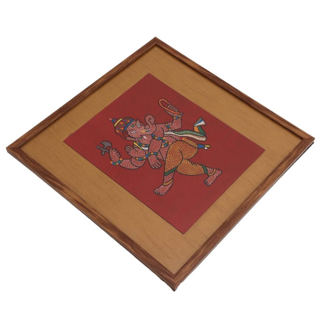 Indha Hand-Embroidered Lord Ganesha Embroidery Wall Art Décor | Sacred Splendor | Unique Gift | Dupion Silk | Eco-Friendly | Indian Art | 39x39 CM | Home &amp; Office Decor