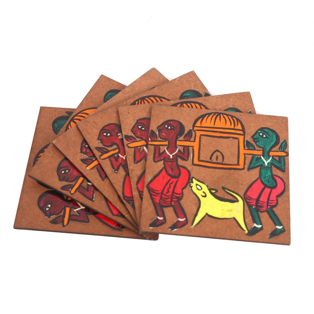 INDHA Pata Chitra Art hand-painted wooden coasters Pack of Six Living Room Décor | Tribal Craft