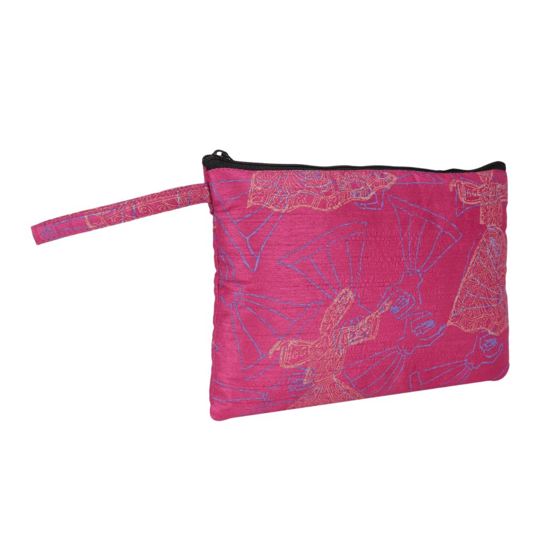 INDHA Pink Colour Hand Block Printed Silk Pencil Pouch/Multipurpose Pouch/Utility Pouch