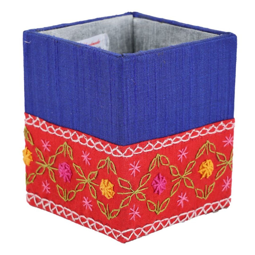 INDHA Chain Stitch Floral Design Pattern Hand Embroidered Blue &amp; Red Pen Stand | Dupion Silk Pen Stand | Cotton Pen Stand | Desk Organizer | Desk Utility | Corporate Gifting | Pen Holder | Handcrafted Pen Stand