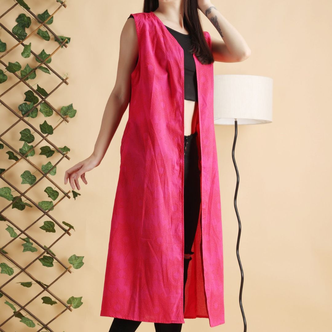 INDHA Rangoli Hand Block Printed Pink Cotton Shrug | Sleeveless Shrug | Long Shrug