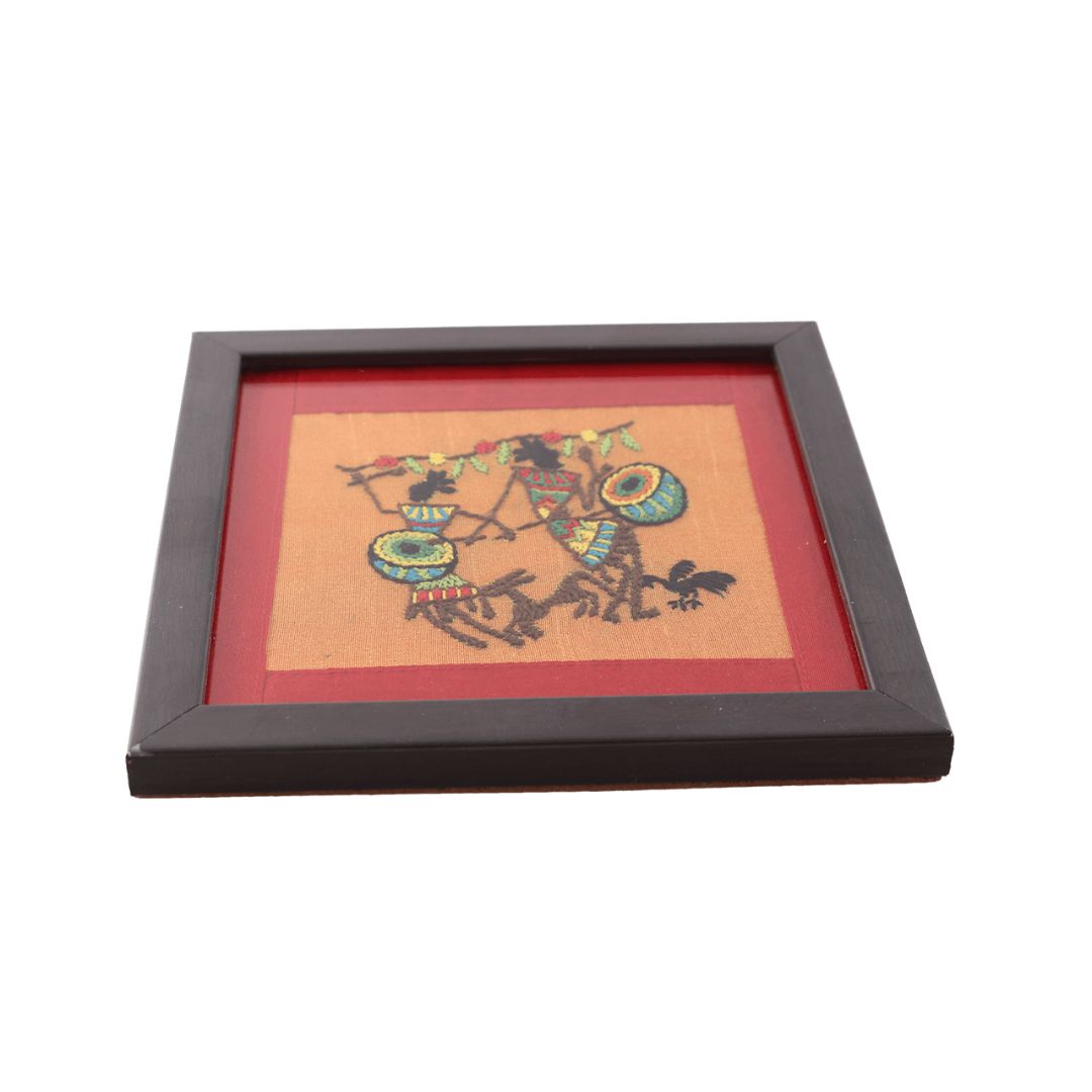 INDHA Table Top Wooden Tribal Art Hand-Embroidered Motif Glass Coaster Set of 2