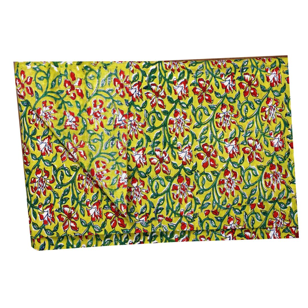 INDHA Hand Block-Printed Cotton Fabric | Red And White Floral Design Motif Lemon Green Cotton Fabric | Hand Block Printed Fabric | Home Utility | Fashion Utility | Gifting | Gifts For Him | Gifts For Her | Home Furnishing | Jaipuri Block Print Fabric