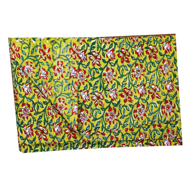 INDHA Hand Block-Printed Cotton Fabric | Red And White Floral Design Motif Lemon Green Cotton Fabric | Hand Block Printed Fabric | Home Utility | Fashion Utility | Gifting | Gifts For Him | Gifts For Her | Home Furnishing | Jaipuri Block Print Fabric