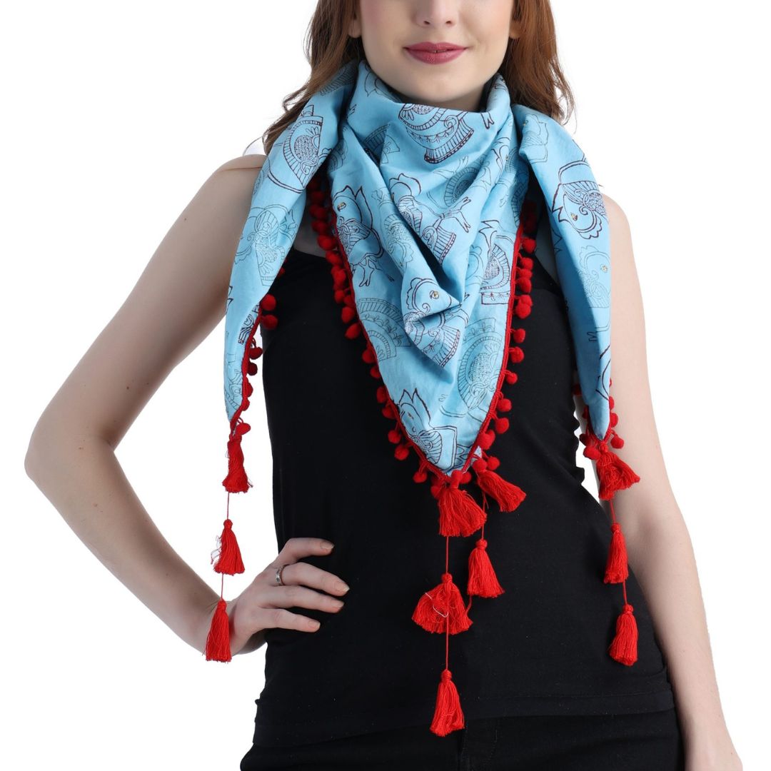 Birds Block-Printed Sky Blue Scarf for Girls & Woman