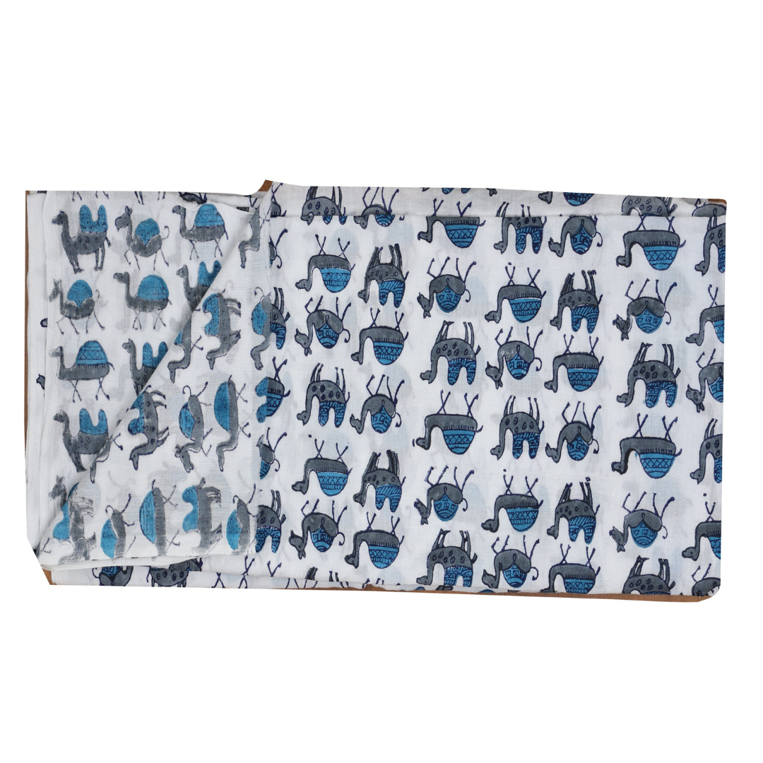 INDHA Hand Block-Printed Cotton Fabric | Blue And Grey Camel Design Motif Light Grey Cotton Fabric | Hand Block Printed Fabric | Home Utility | Fashion Utility | Gifting | Gifts For Him | Gifts For Her | Home Furnishing | Jaipuri Block Print Fabric
