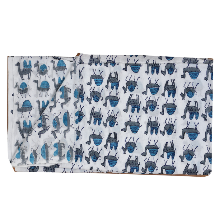INDHA Hand Block-Printed Cotton Fabric | Blue And Grey Camel Design Motif Light Grey Cotton Fabric | Hand Block Printed Fabric | Home Utility | Fashion Utility | Gifting | Gifts For Him | Gifts For Her | Home Furnishing | Jaipuri Block Print Fabric