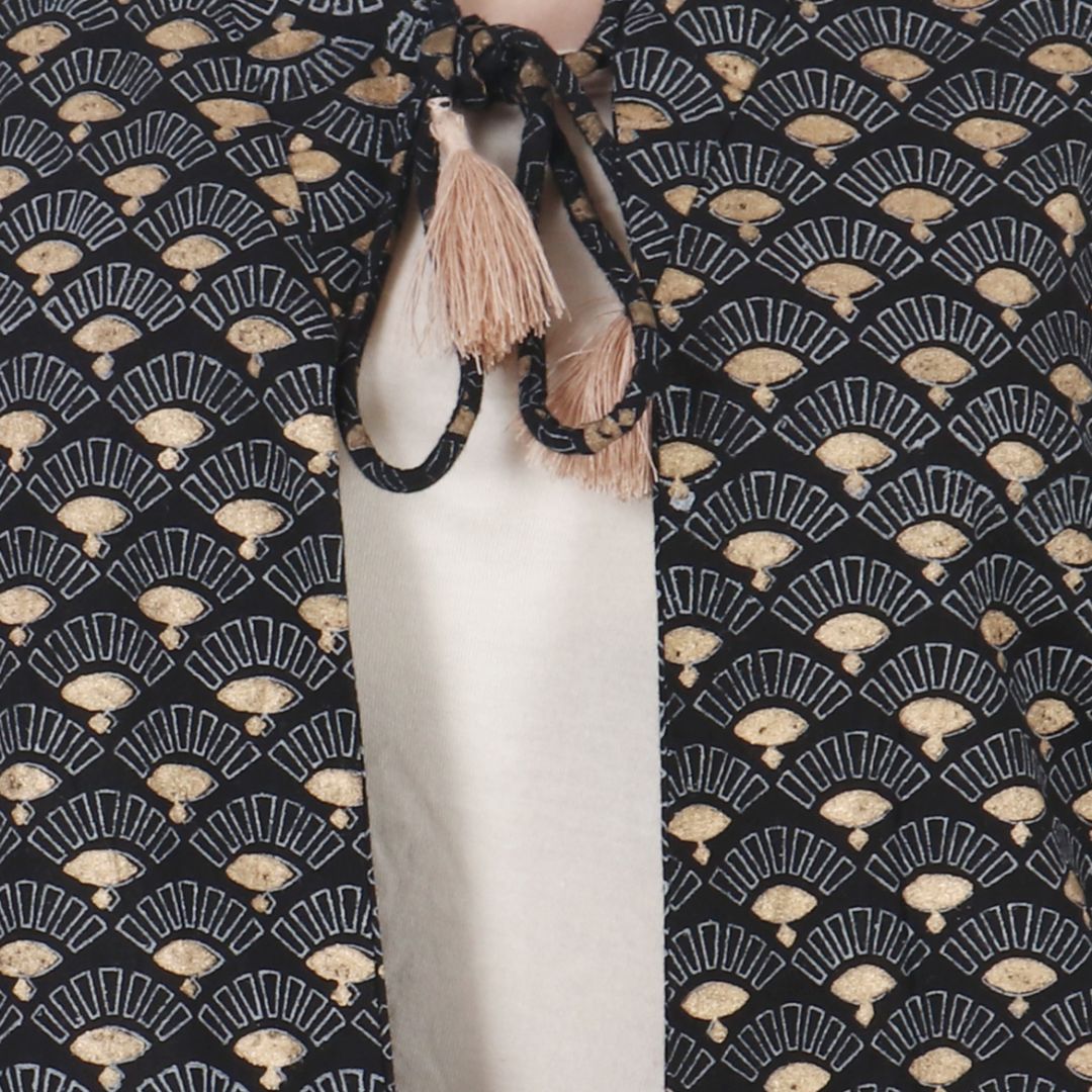 Ethnic A-Line Cotton Shrug |Women| Black |Gold  Booti Block printed Shrug