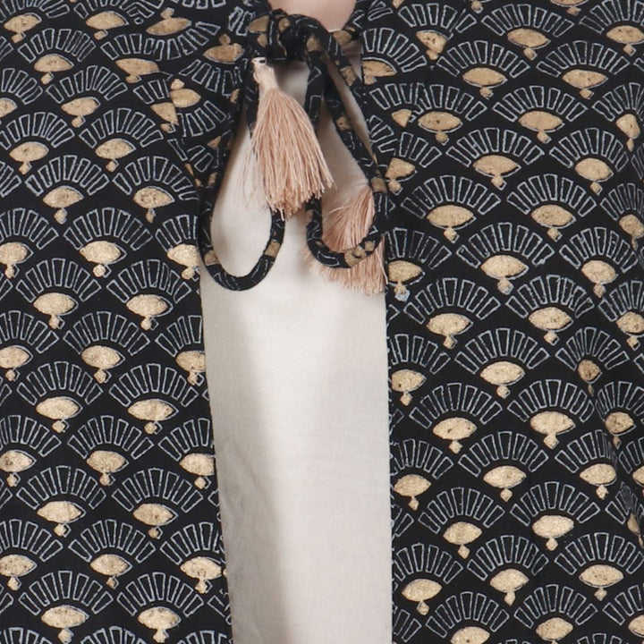 Ethnic A-Line Cotton Shrug |Women| Black |Gold  Booti Block printed Shrug