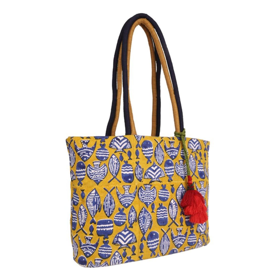 Indha Hand Block Printed Cotton Shoulder Bag | Yellow Fish Motif Handbag For women