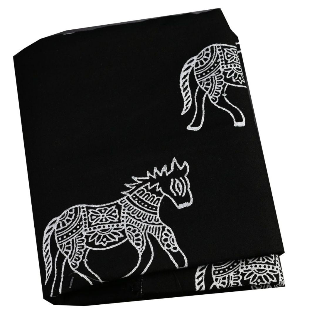INDHA Hand Block-Printed Jaipuri Cotton Fabric Black Horse Design Motif | Hand Block Printed Fabric | Home Utility | Fashion Utility | Gifting | Gifts For Him | Gifts For Her | Home Furnishing | 3 Meter X 42-44 Wide
