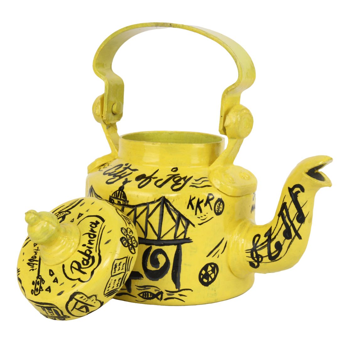 INDHA Kolkata City of Joy Yellow Colour Aluminum Hand-painted Tea/Coffee Kettle/Decorative Kettle