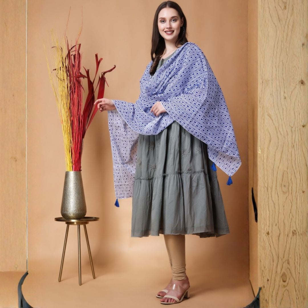 INDHA Stole | White Cotton Stole | Hand Block-Printed Blue Geometric Design Pattern | Hand Block Printed Stole | Stoles For Women | Traditional Stoles | Gifting | Fashion Wear | Indo Western Stole | Fashion Accessory