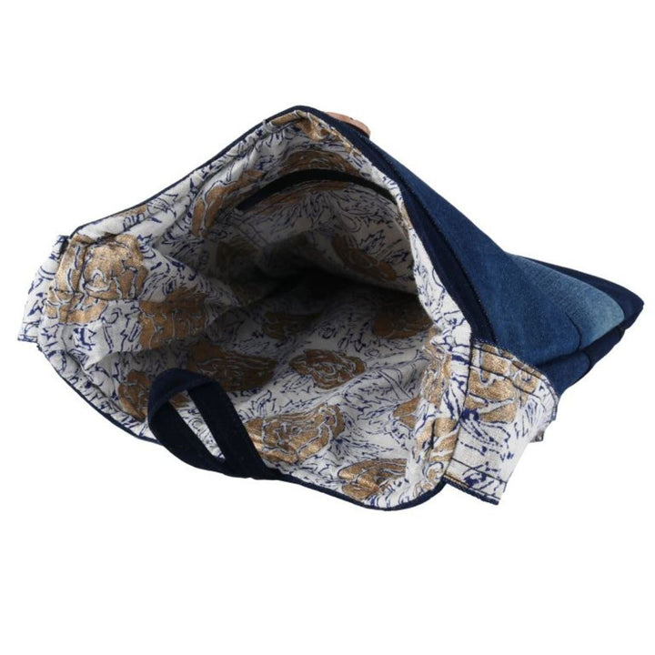 INDHA Denim patchwork with Block printed Lining Shoulder Sling Bag with Wooden Button