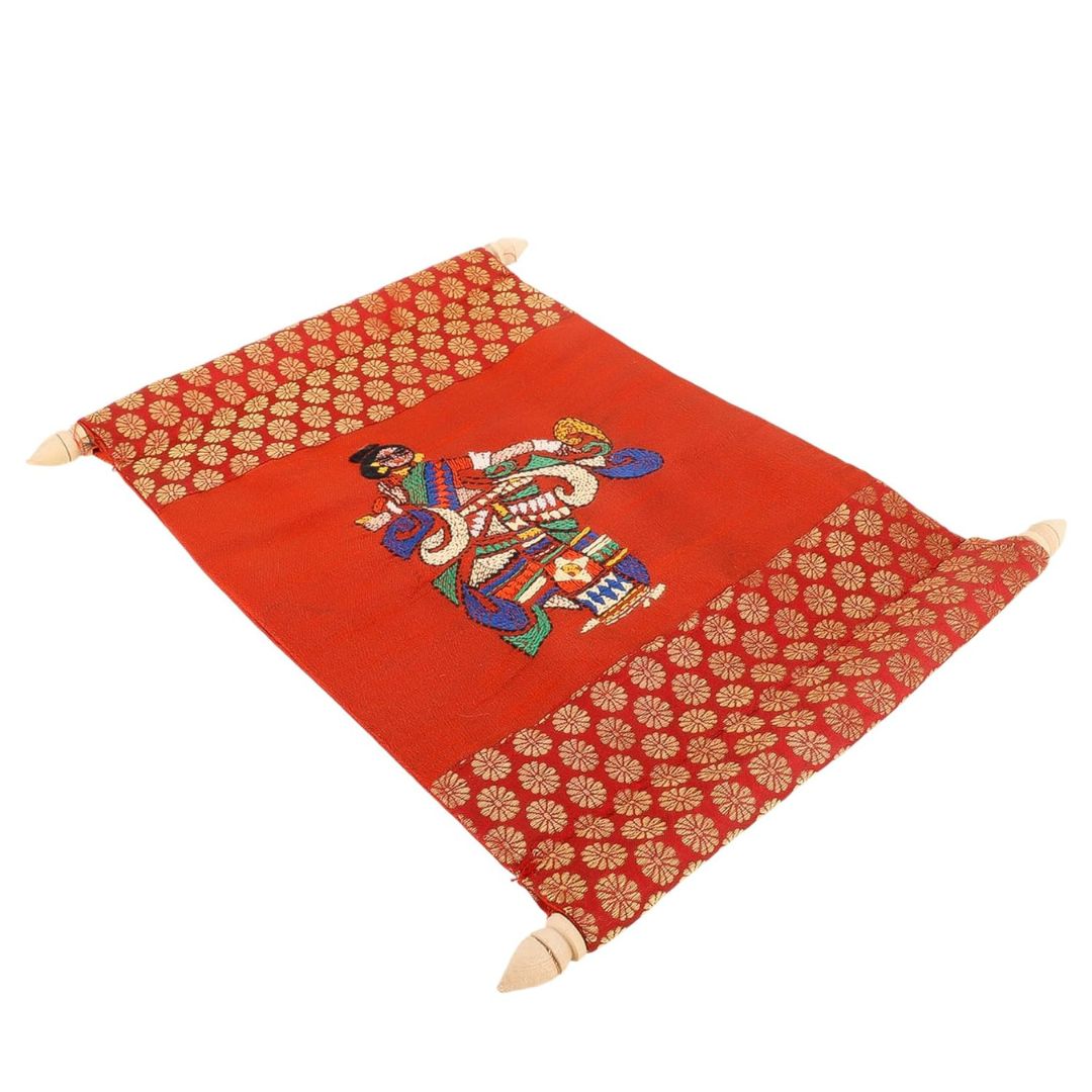 Indha Handcrafted Wall Scroll | Maroon Dupion Silk with Gold Brocade Borders | Handmade Home Décor | Wooden Finials | Gift-Ready Hanging Scroll