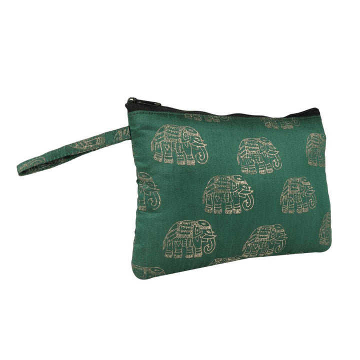 Green Colour Hand Block-Printed Utility Pouch/Pen, Pencil Pouch/Stationery Organizer/Cosmetic Pouch