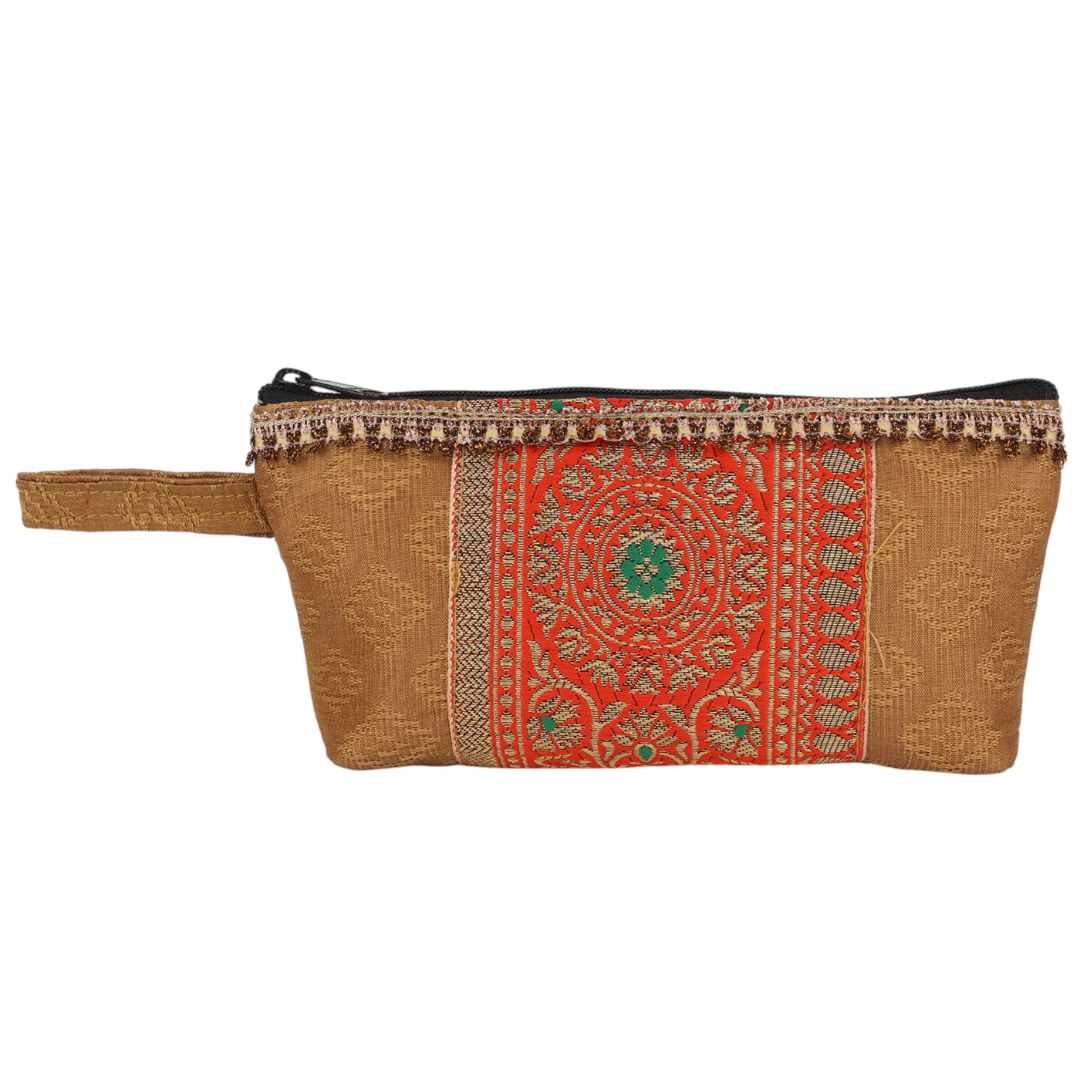 Indha Golden Brocade Utility Pouch with Embroidered Panel | Handcrafted Multipurpose Travel Organizer | Sustainable &amp; Stylish Gifting Idea