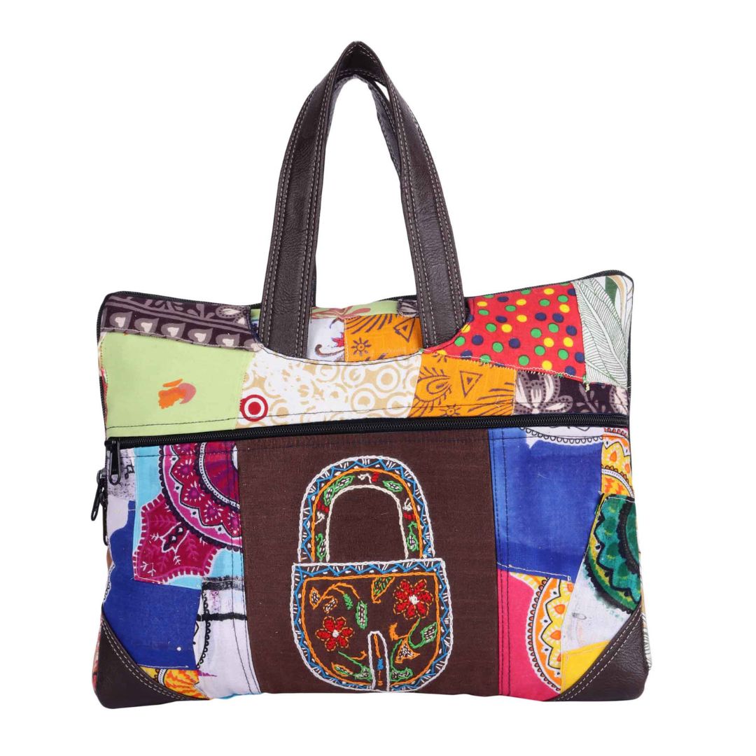 Indha Lock Hand Embroidery Work Multicolour Patchwork 14" Laptop Bag for Women