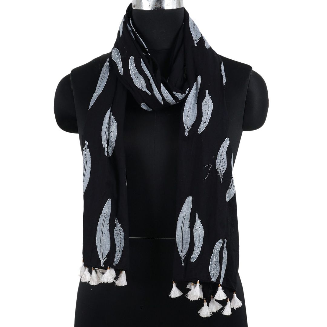 INDHA Ethnic Feather Design Hand Block Printed Black Color Cotton Stole for Girls/Women