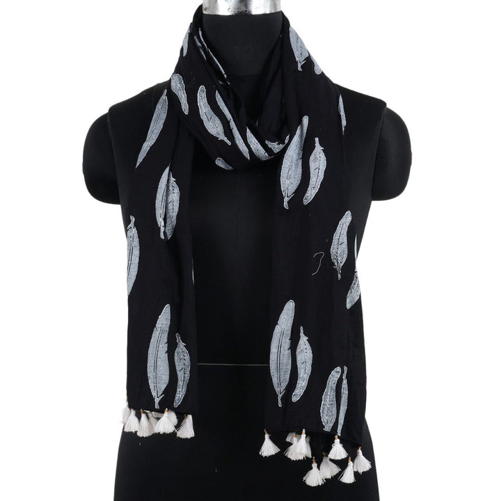 INDHA Ethnic Feather Design Hand Block Printed Black Color Cotton Stole for Girls/Women