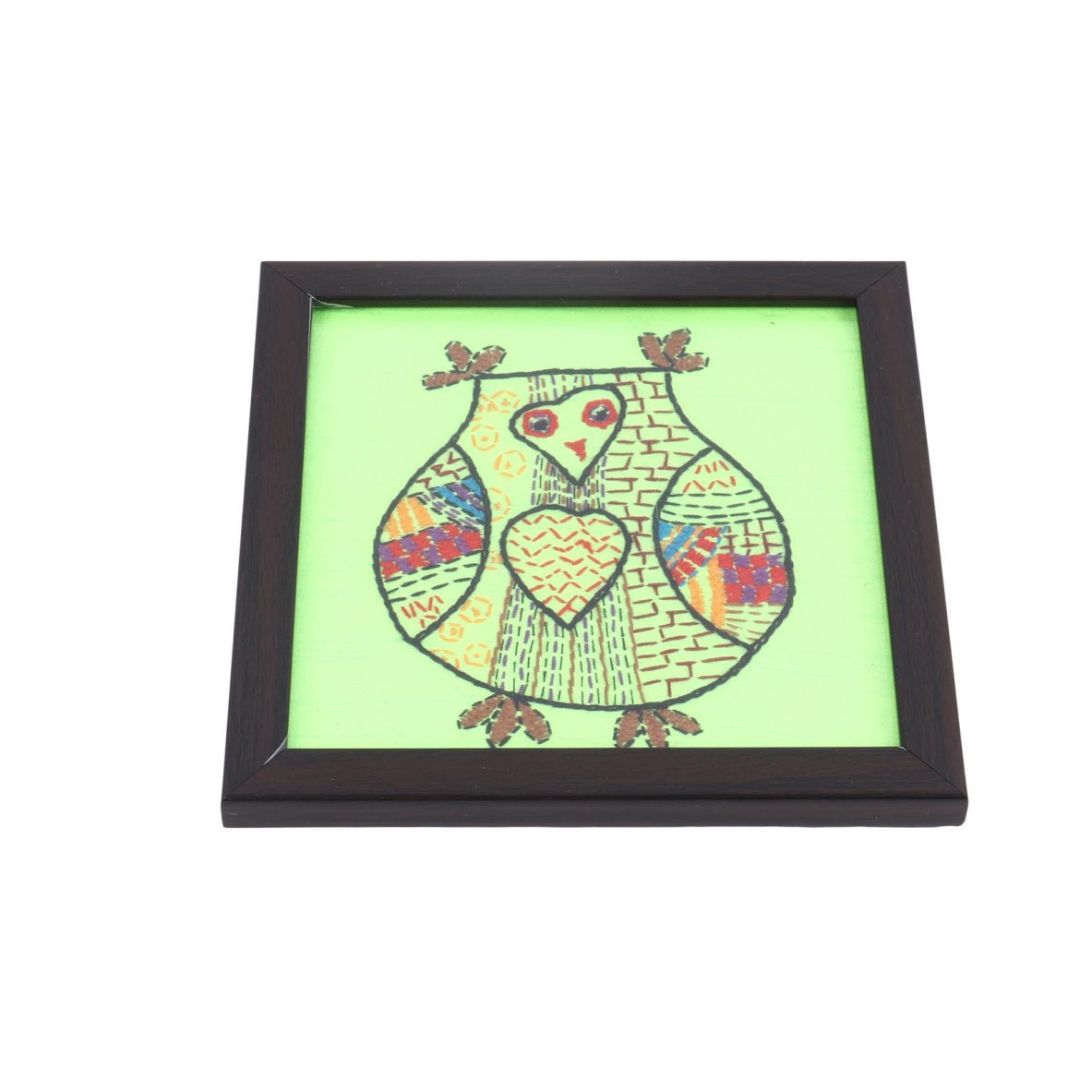 INDHA Neon Green Hand-Embroidered Wooden Glass Coaster for Home/Office Coffee Table set of 2