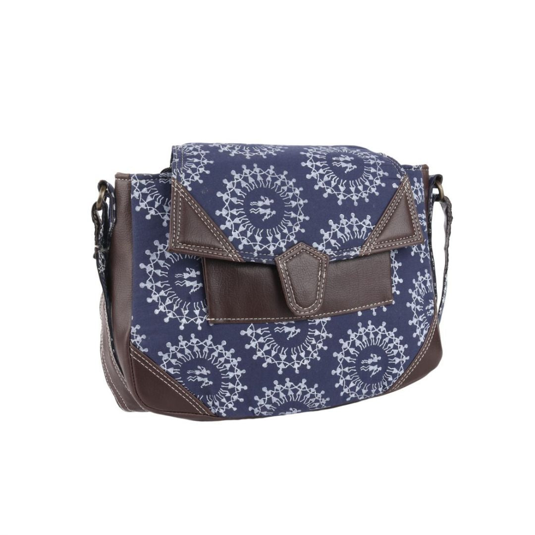 INDHA Cotton Hand Block-Printed Blue Colour Cross Body Sling Bag for Girls/Women