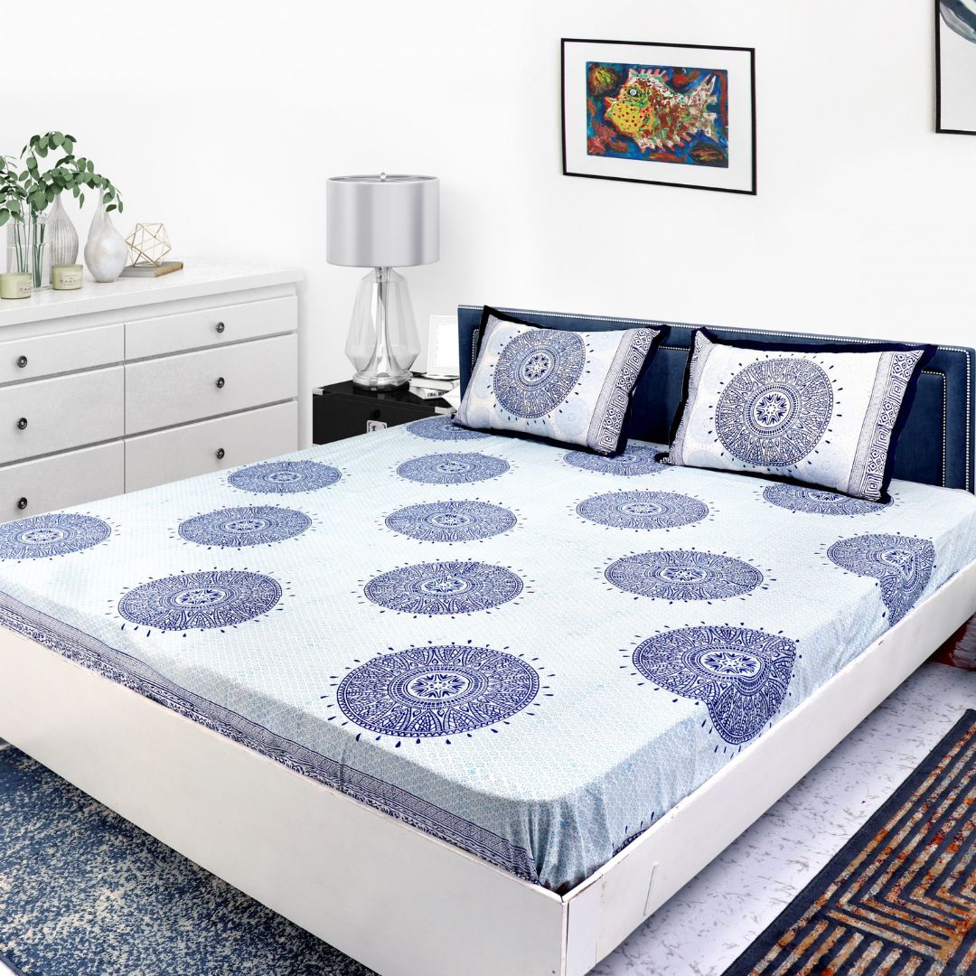 Indha Hand Block Printed Cotton Bed Cover With 2 Pillow Covers | Handmade Bed Sheet | White Bed Cover| 104X84 Inches Bed Cover  | Bed Cover Set | King Size Bed Cover