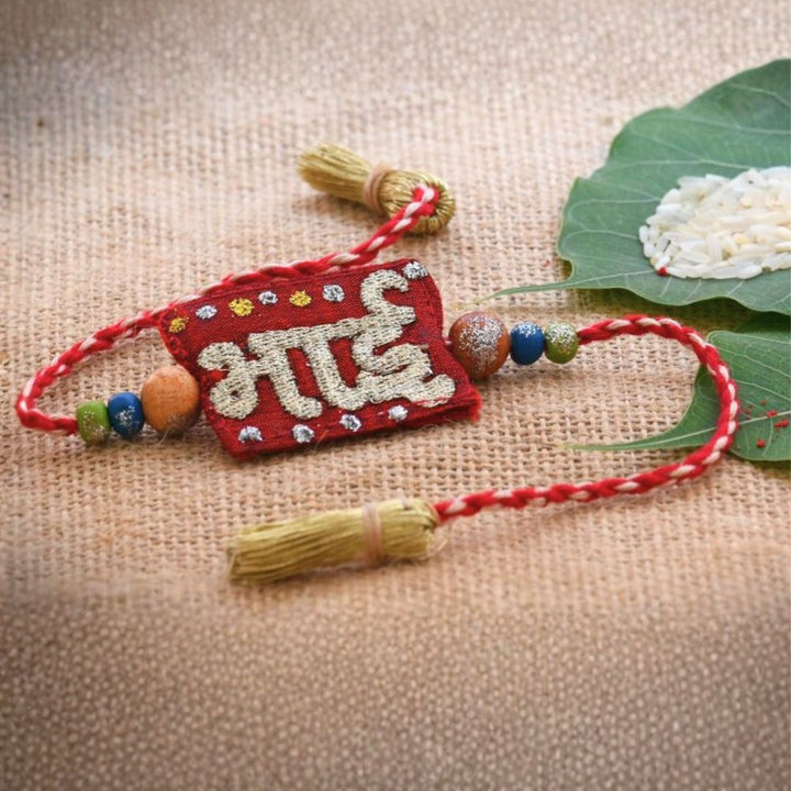 Indha Bhai Design Rakhi Set with Roli Chawal for Men (Pack of 1) | Embroidered Handcrafted Raksha Bandhan Bracelet for Brother