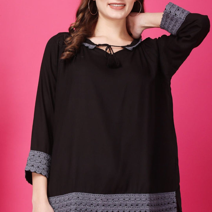 Indha Black Top With Tie-Up Neckline | Women's Black Top | Round Neck Rayon Top | Three Quarter Sleeves Top -XL