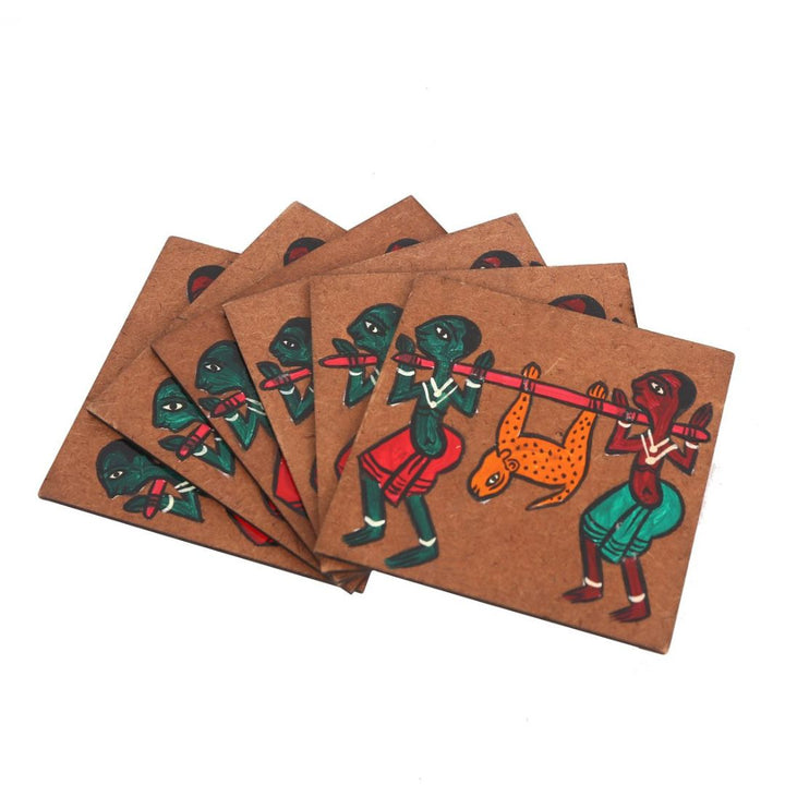 INDHA Pata Chitra Art hand-painted recycled wooden coasters Pack of Six Living Room Décor | Tribal Craft