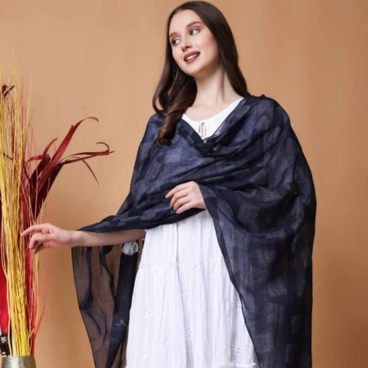 INDHA Block-Printed Cotton Stole Black | Hand Block Printed Grey Geometric Square Design Motif | Hand Block Printed Stole | Stoles For Women | Traditional Stoles | Gifting | Fashion Wear | Indo Western Stole | Fashion Accessory