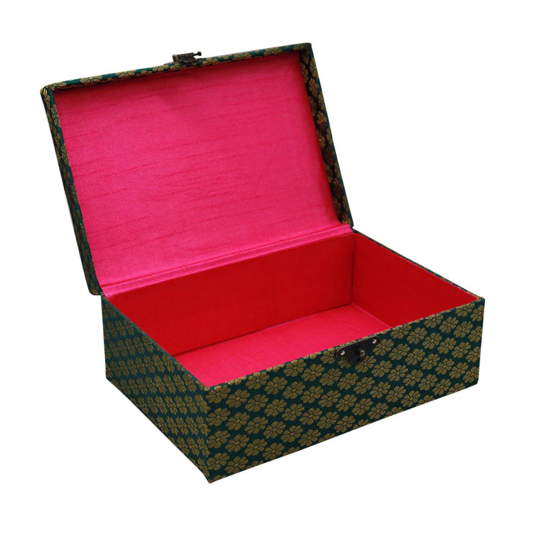 INDHA Brocade Green Colour Hand Embroidered Multiutility Gift Box/ Storage Box/ Jewellery Box/Diwali Gift Box