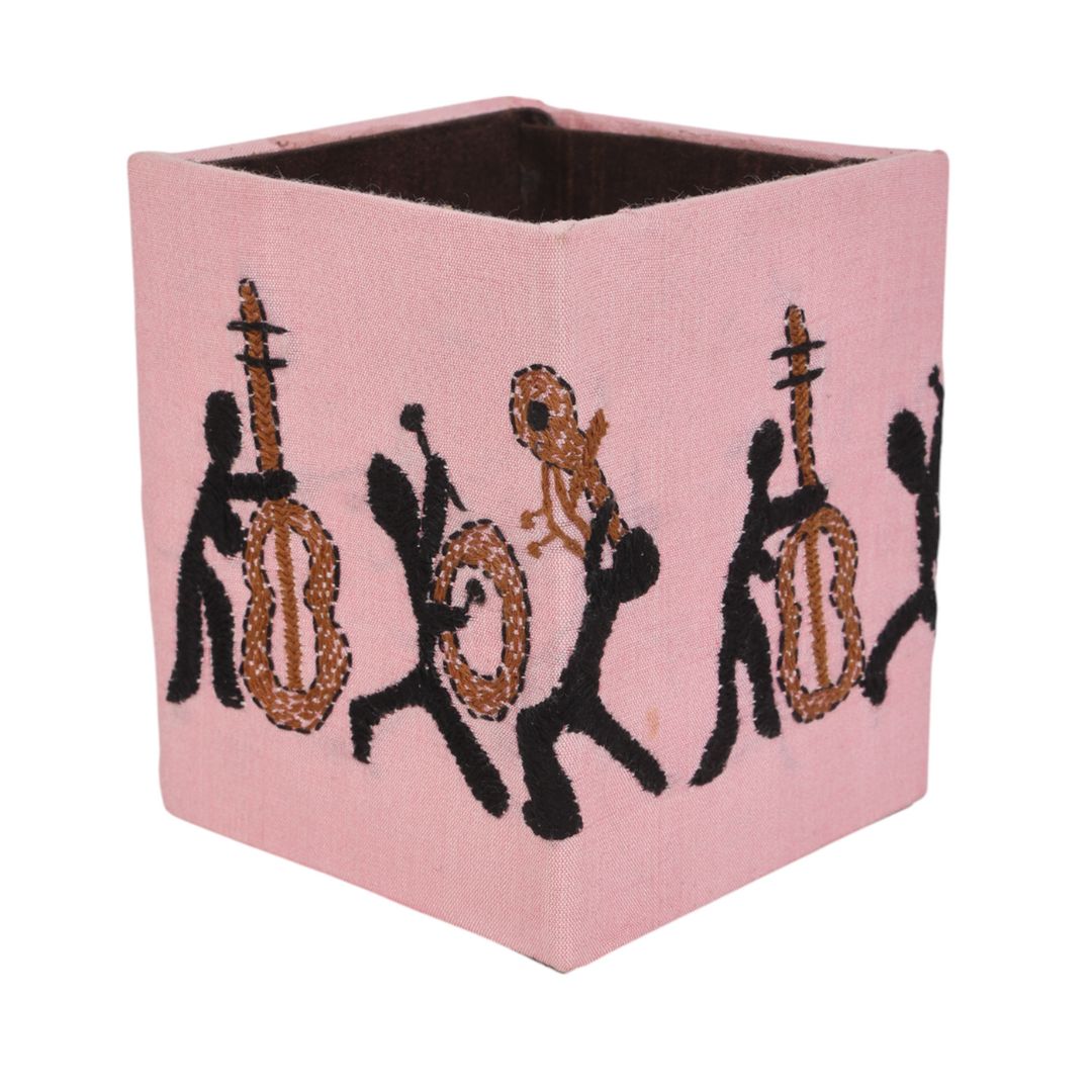 Indha Handcrafted Pen Stand – Embroidered Musician Motif | Eco-Friendly Desk Organizer