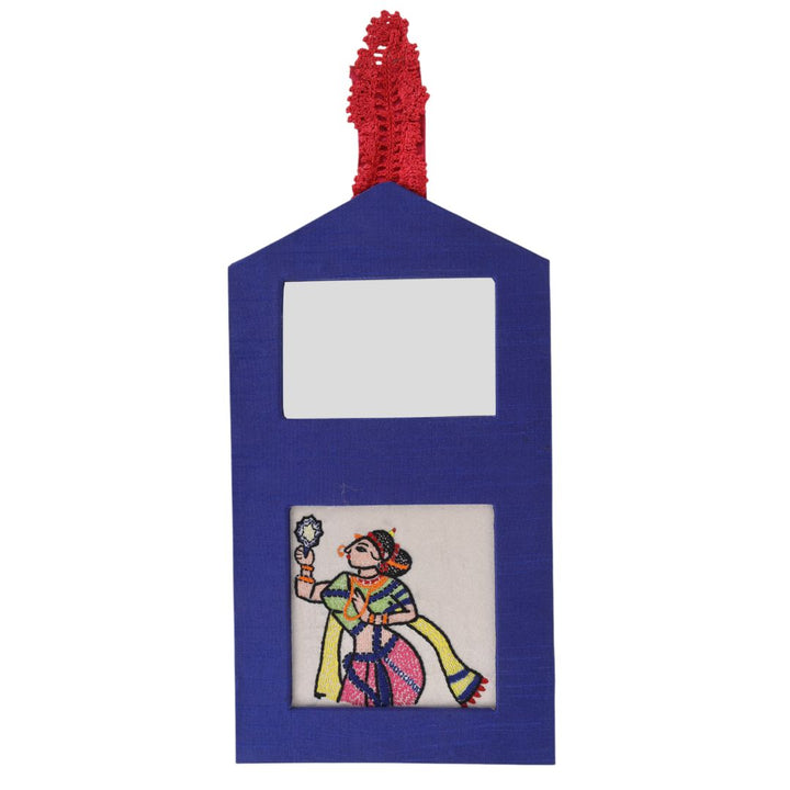 Indha Wall Hanging – Embroidered Lady Holding a Mirror | Real Mirror Accent | Handcrafted on Repurposed Wood | Reflective &amp; Regal Decor