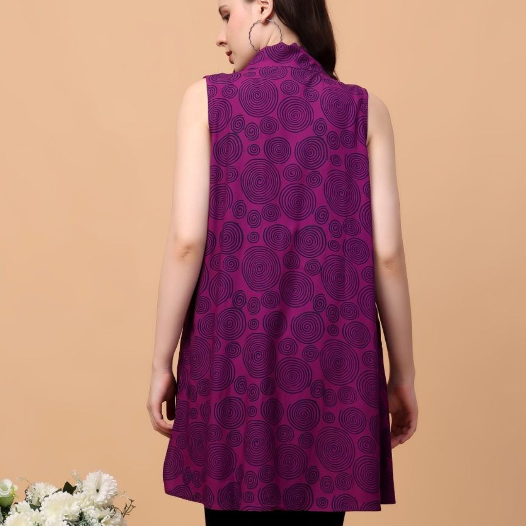 Indha Hand Block Printed Purple Shrug Jacket for Girls | Open Front Shrug For Girls | Swirl Motifs Print Purple Short Jacket &amp; Boleros For Girls