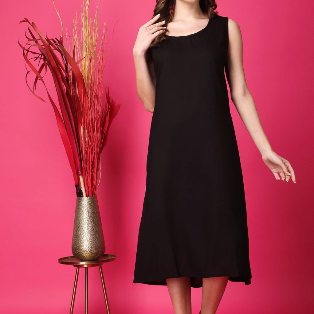Indha Women Solid Flared Black Dress  | Long Dress | Cotton Dress -XL