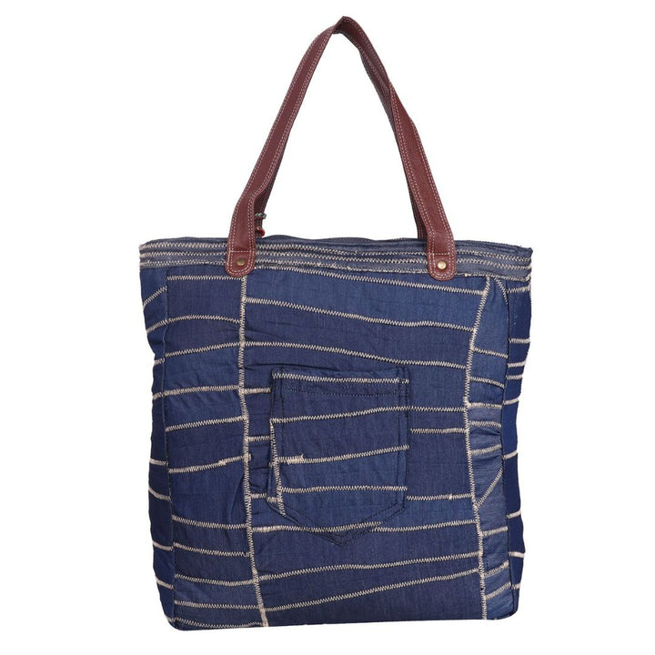 Tote Bag Denim Zig-Zag Leaf Embroidery