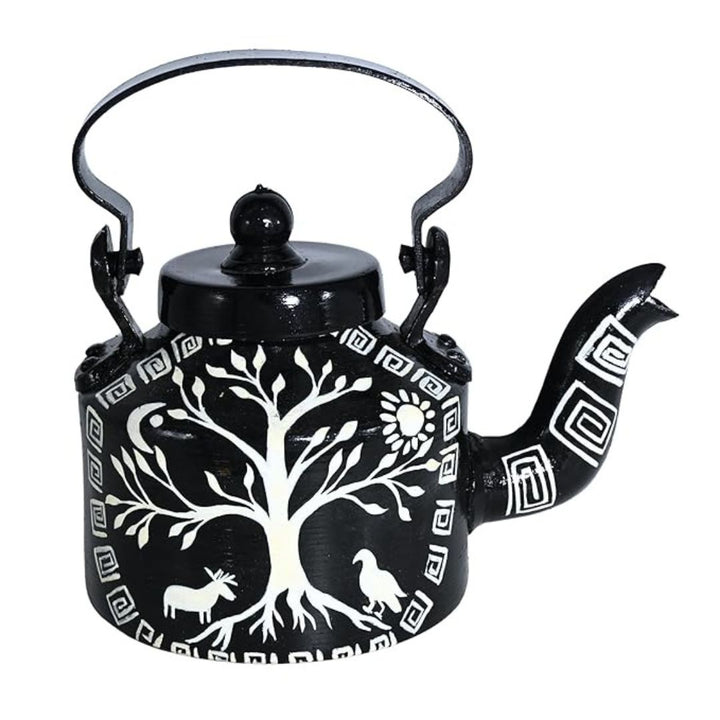 INDHA Hand-Painted Black Aluminum Kettle Tree, Bird & Animal Folk Design 1L | Decorative & Functional | Eco-Friendly Handmade Gift | Indian Tribal Art Home Décor