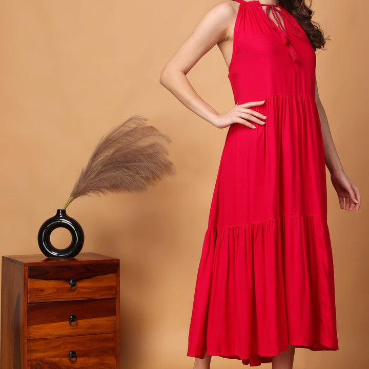 Indha Women Solid Flared Pink Dress  | Long Dress | Rayon Dress -XL