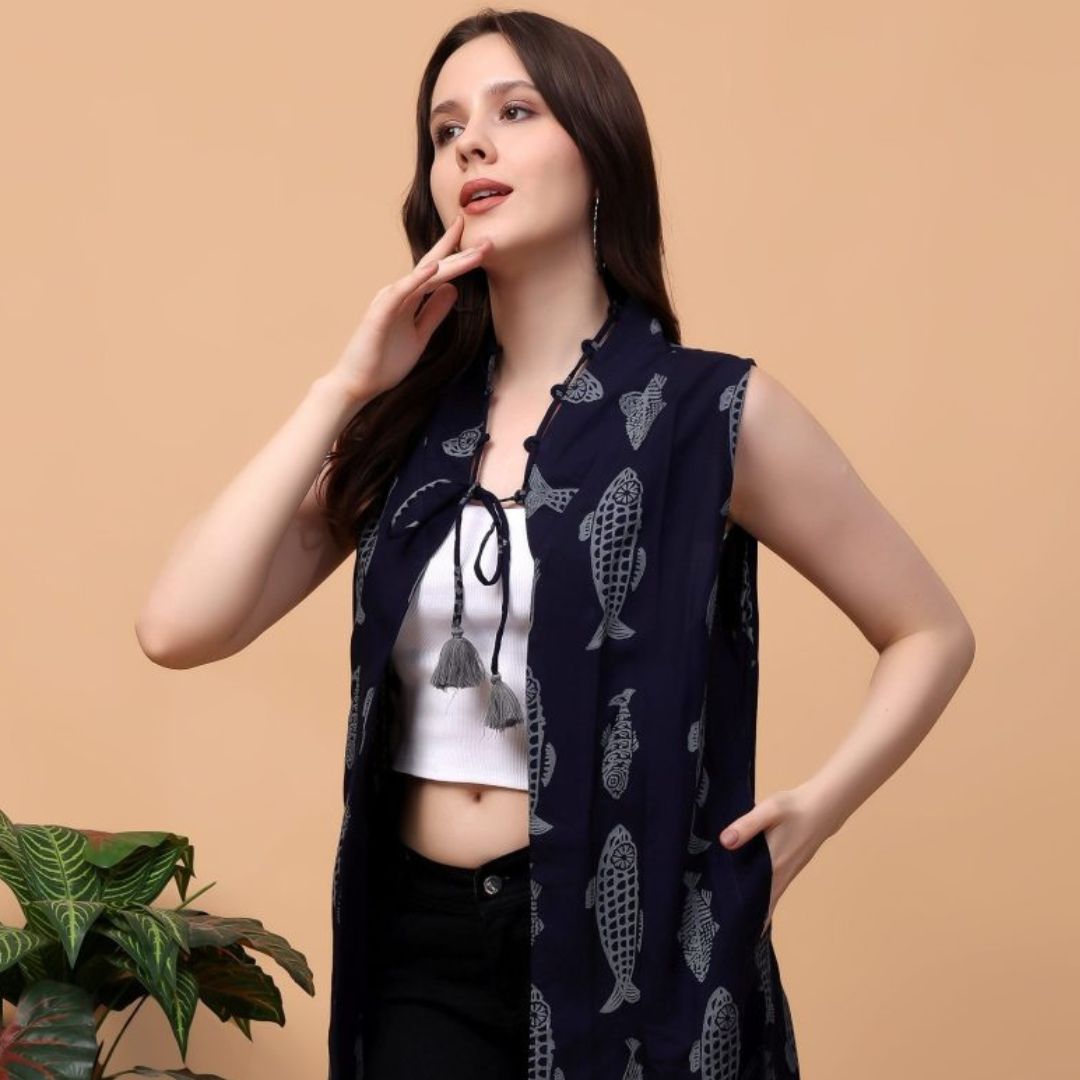 Indha Hand Block Printed Blue Shrug Jacket for Girls | Open Front Shrug For Girls | Fish Motifs Print Blue Short Jacket &amp; Boleros For Girls